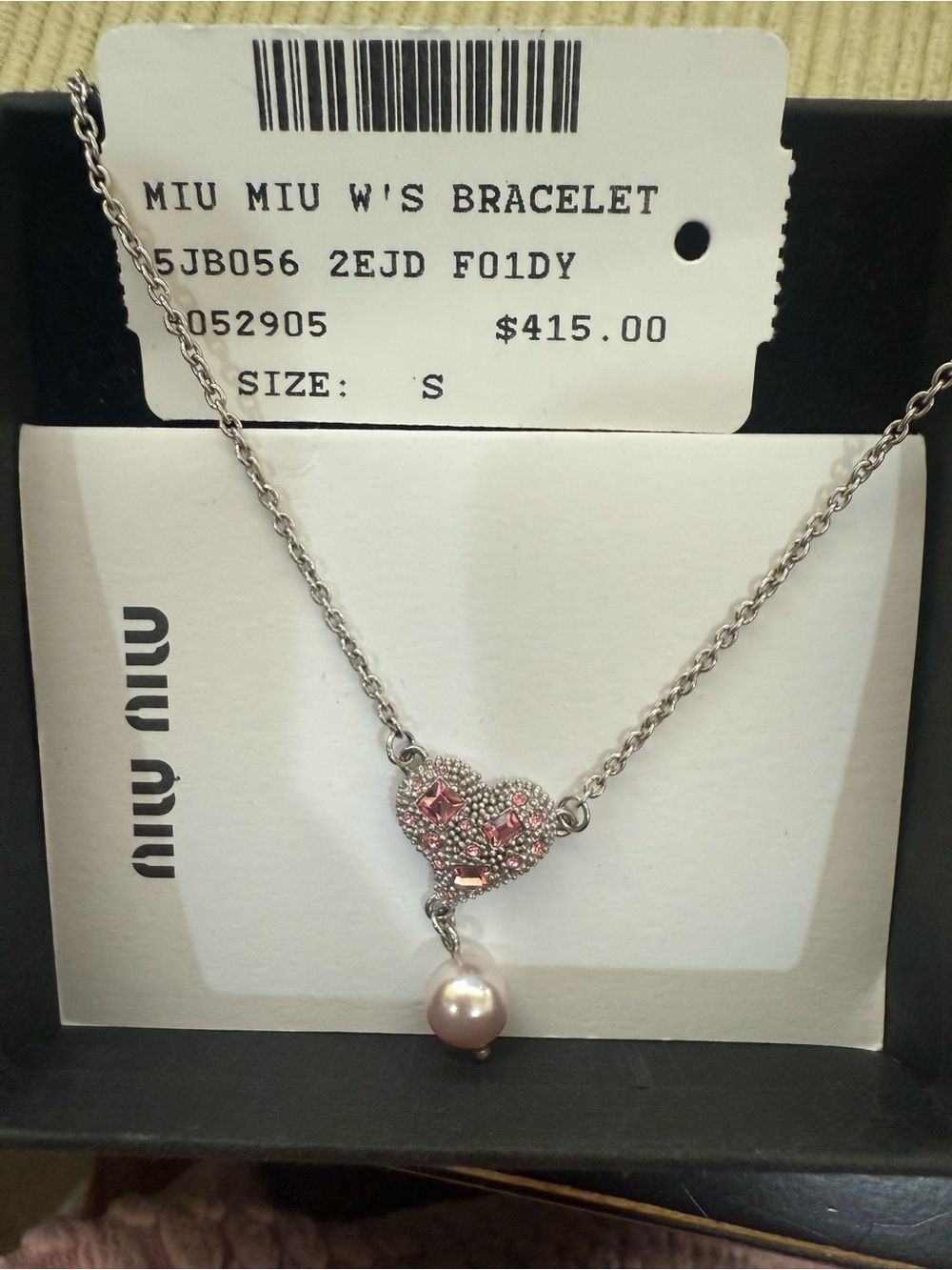 Miu Miu Silver Heart bracelet with Pink Crystals and Pink Pearl Drop